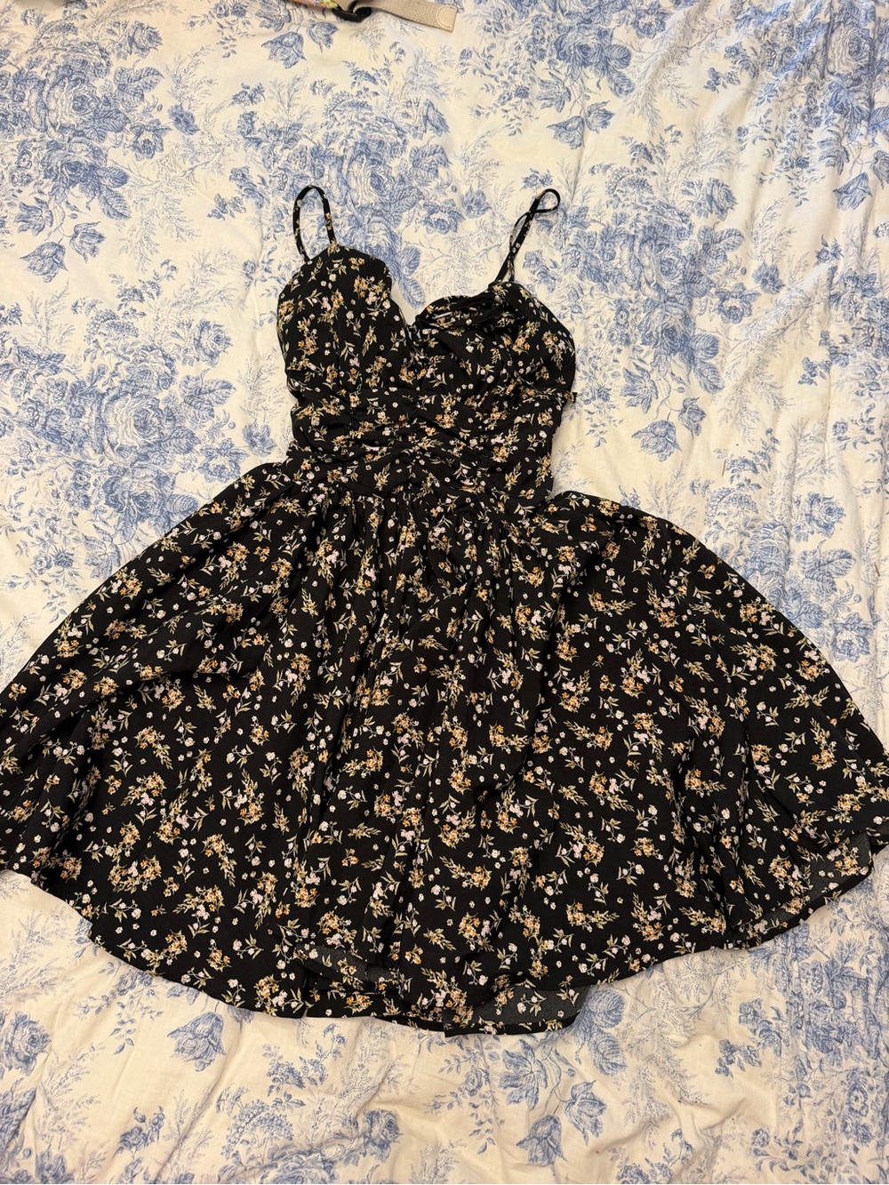 RSQ Black Floral A-Line Dress with Cream and Tan Blooms